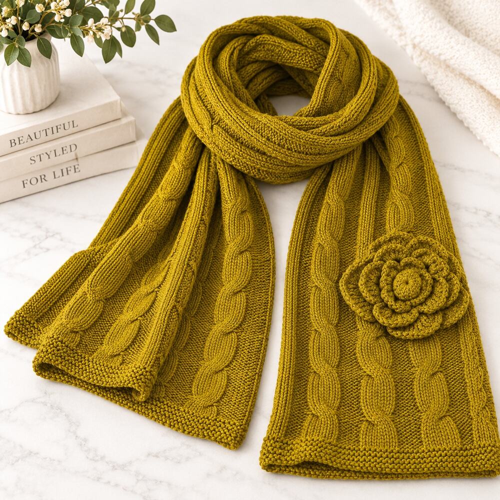 Mud Pie Scarf Womens Chartreuse Green Cable Knit Rosette Flower 60 x 18